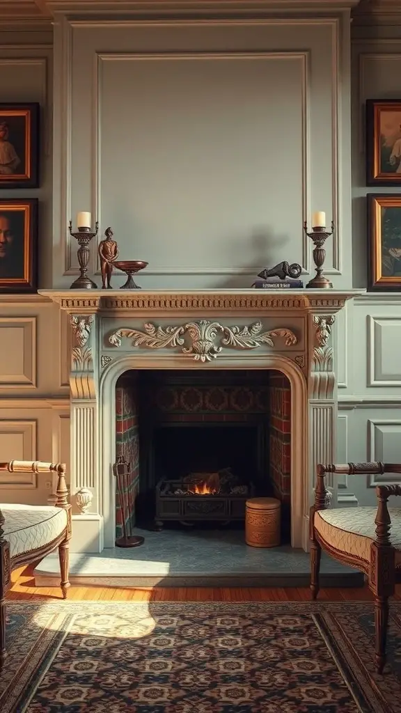 25+ Cozy Living Room Fireplace Ideas for a Warm Atmosphere 13 A vintage-inspired fireplace with ornate carvings, candle holders, and framed portraits in a cozy living room.