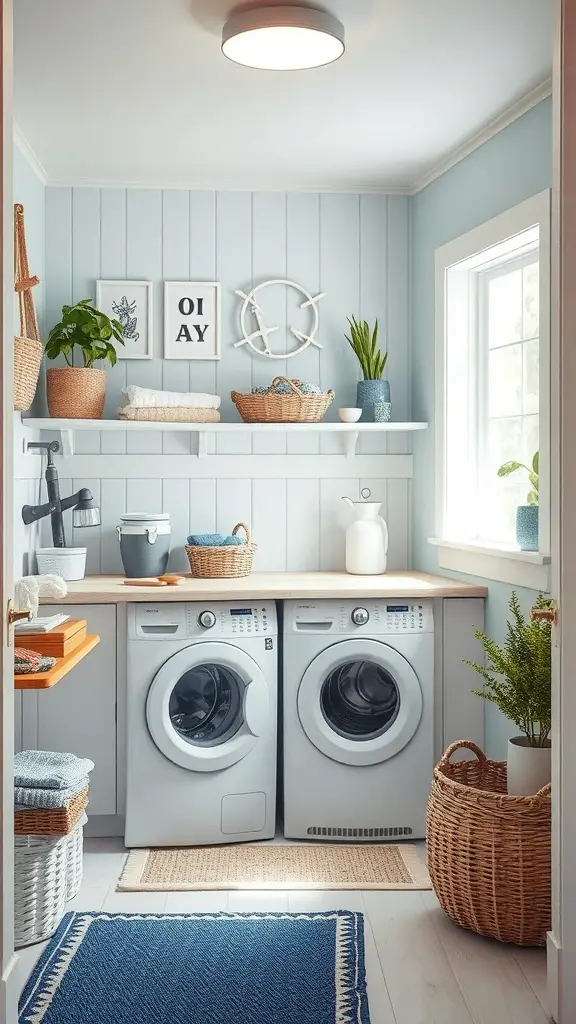 A coastal themed laundry room with blue walls, plants, and nautical decor.