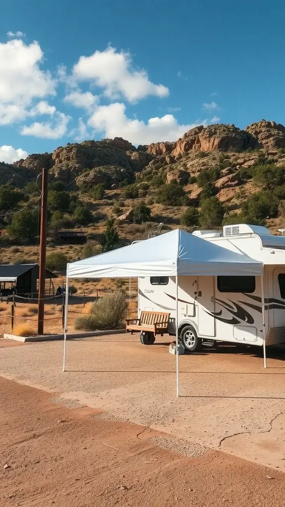 17+ Creative RV Shelter Ideas to Protect Your Home on Wheels 10 A portable canopy set up next to an RV in a scenic outdoor location