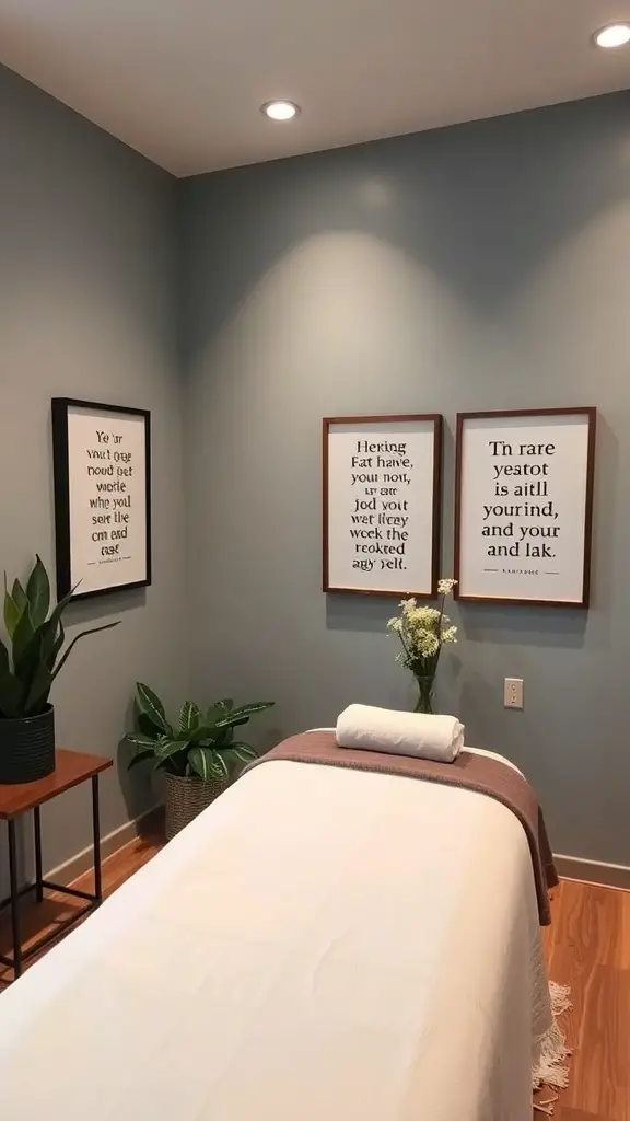 A cozy massage room with inspiring quotes on the walls and calming decor.