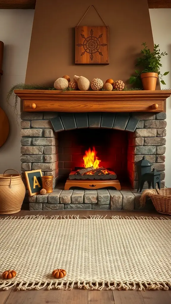 A cozy living room with a natural fiber rug in front of a stone fireplace, decorated with pumpkins and rustic elements.