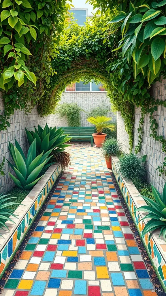 23+ Stunning Garden Mural Ideas to Transform Your Outdoor Space 3 A colorful mosaic garden pathway surrounded by lush greenery and potted plants.