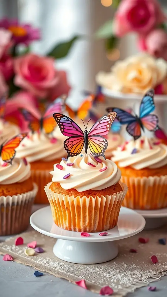 Cupcakes with butterfly toppers and rose decorations
