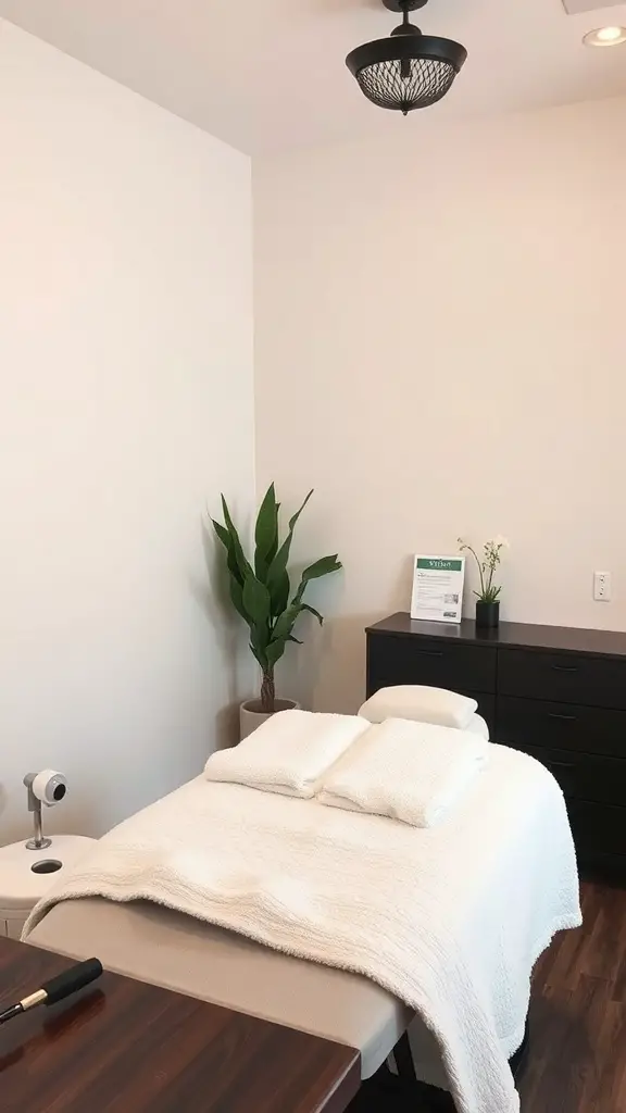 23+ Cozy Small Facial Room Ideas for a Relaxing Retreat 11 A small facial room with a treatment bed, soft linens, a plant, and calming decor.
