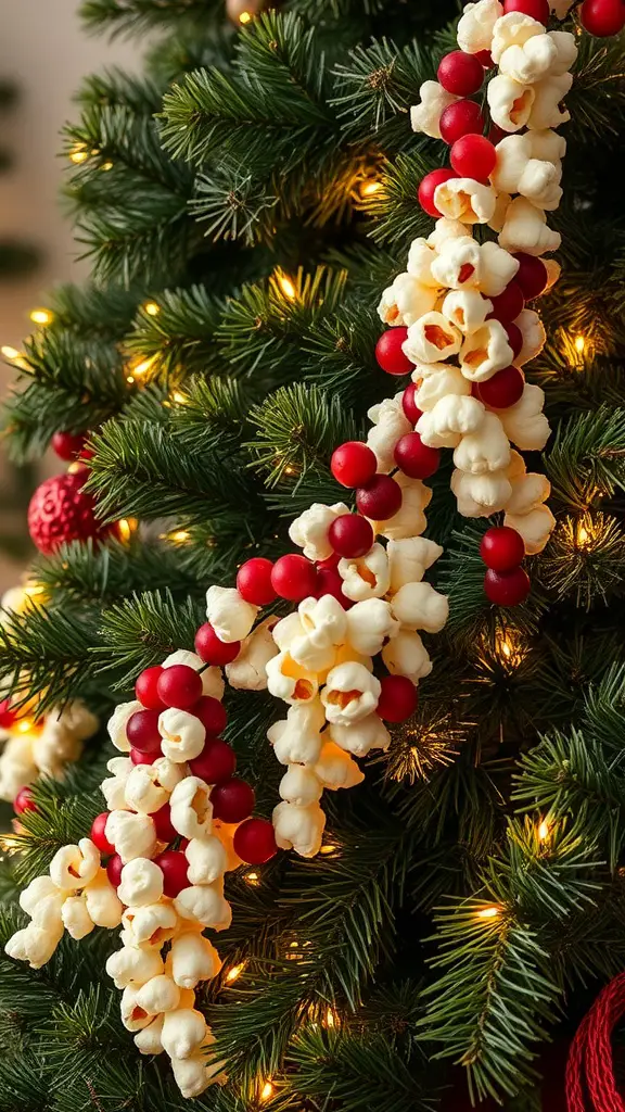 25+ Festive Christmas Craft Ideas to Get You in the Holiday Spirit 6 A garland made of popcorn and red berries draped on a Christmas tree with lights.