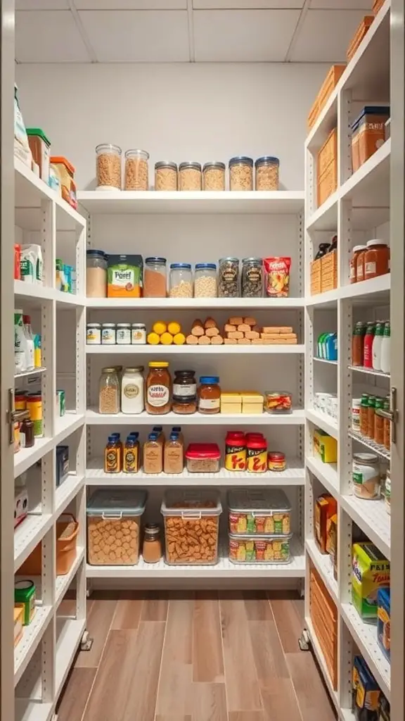 17+ Stylish DIY Pantry Shelf Ideas to Organize Your Space 6 A well-organized pantry with adjustable shelving displaying various jars and containers.