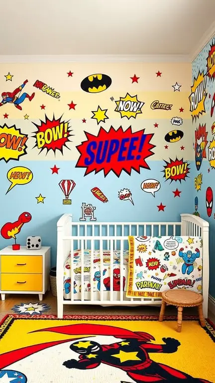 27+ Adorable Baby Nursery Ideas for Boys 10 A colorful superhero-themed nursery with comic-style wall decals, a crib, and playful decor.