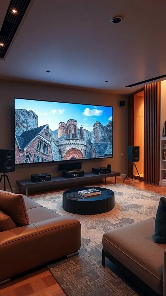 25+ Stunning TV Wall Ideas for Your Living Room 17 A modern living room featuring a large TV wall with integrated sound systems, stylish speakers, and cozy seating.