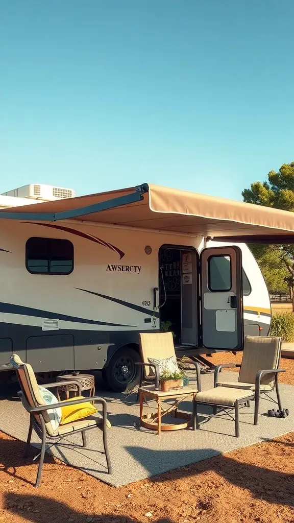 17+ Creative RV Shelter Ideas to Protect Your Home on Wheels 7 A cozy RV with a retractable awning extended, featuring outdoor seating.