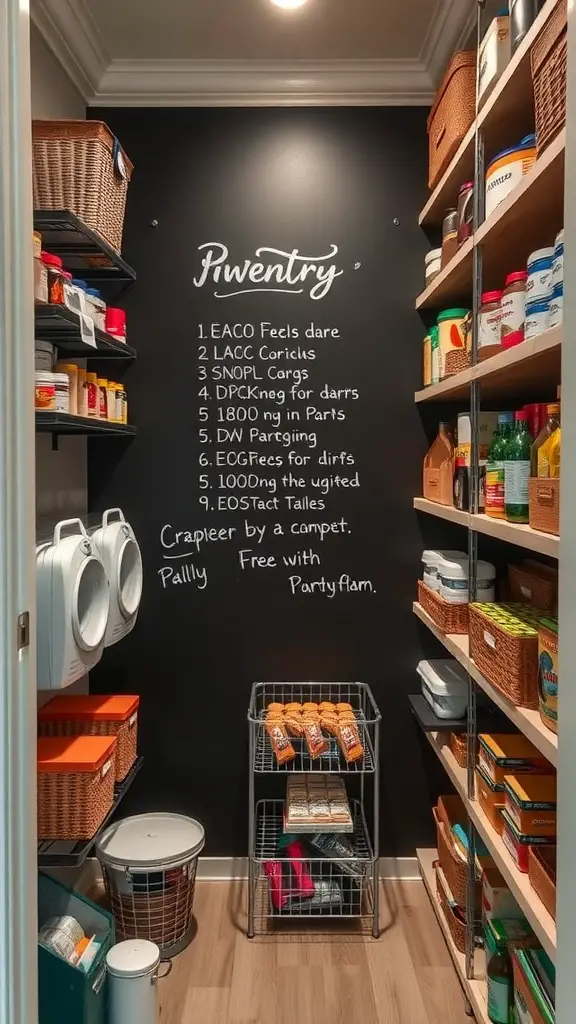19+ Creative Small Corner Pantry Ideas to Maximize Your Space 11 A pantry with a chalkboard listing inventory items, surrounded by neatly organized shelves.
