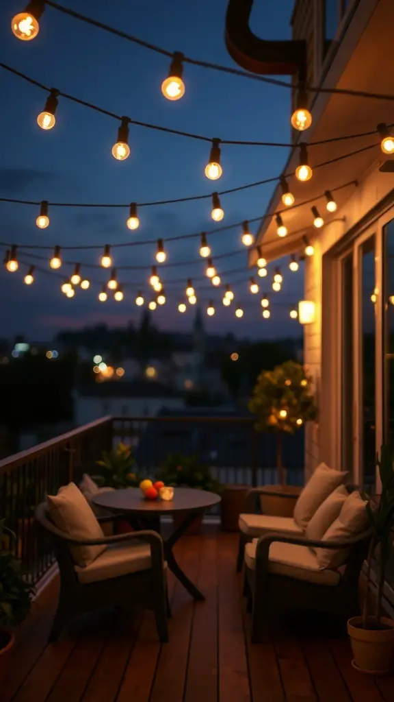 A cozy balcony with string lights, a small table, and comfortable seating, creating a warm evening atmosphere.