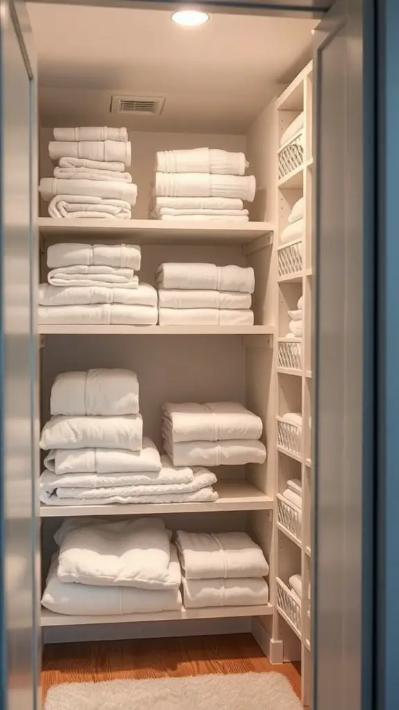 Organized linen closet with neatly folded towels on shelves
