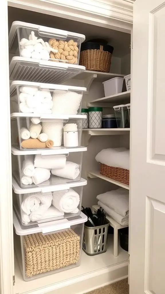 Organized linen closet with clear storage bins and labels