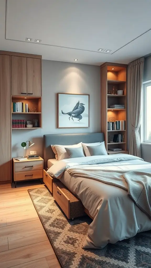 A cozy Stockholm-style bedroom featuring functional storage solutions like under-bed drawers and built-in shelves.