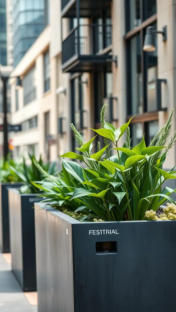 25+ Unique Plant Pot Designs You Need to Try 16 Row of metal planters with lush green plants in an urban setting.