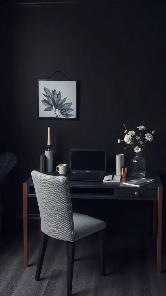 25+ Stunning Dark Feminine Decor Ideas for Your Room 17 A chic workspace featuring a dark feminine room with a modern desk, laptop, and decorative elements.