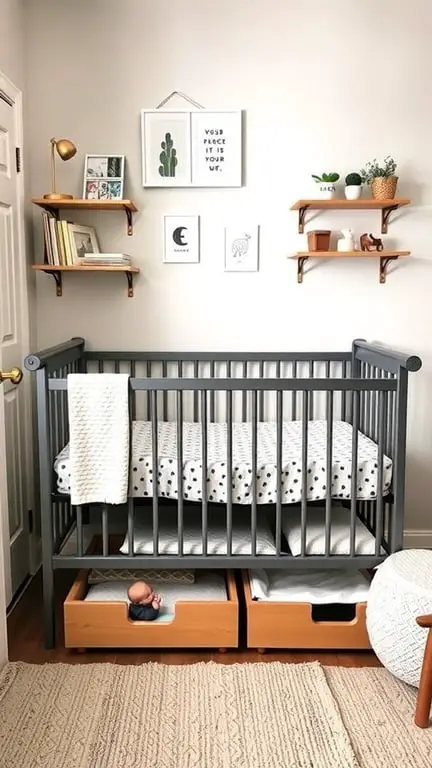 31+ Creative Small Nursery Ideas for Space-Saving Solutions 9 A small nursery featuring a crib with storage drawers underneath, wall shelves with decor, and a cozy rug.