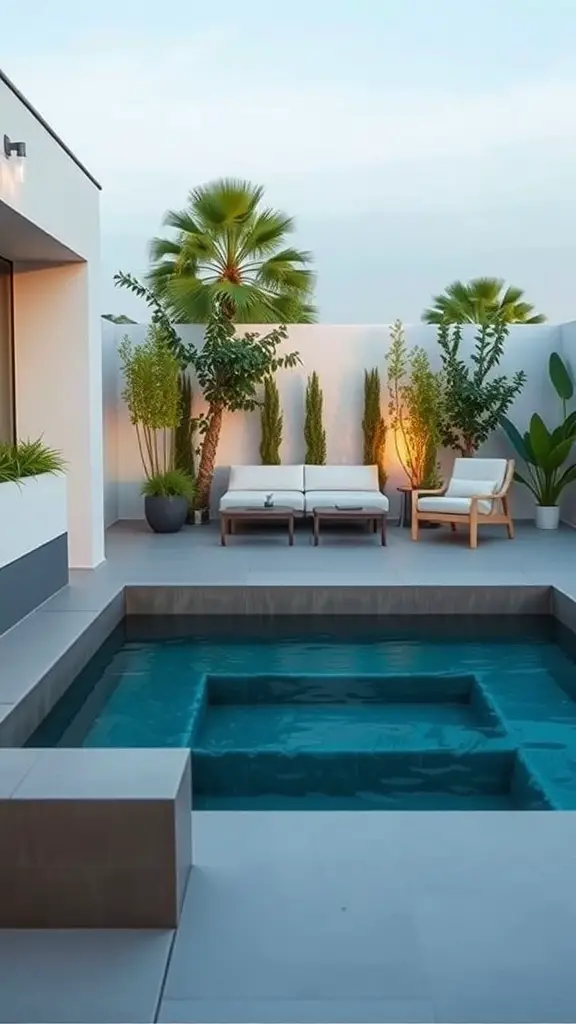 A modern minimalist hot tub setup with a sleek design, surrounded by greenery and comfortable seating.
