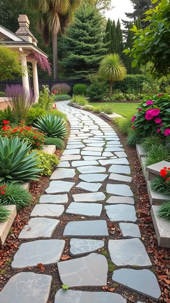 25+ Inspiring Hardscape Backyard Ideas for Your Outdoor Oasis 6 A winding stone pathway surrounded by colorful flowers and greenery in a backyard.