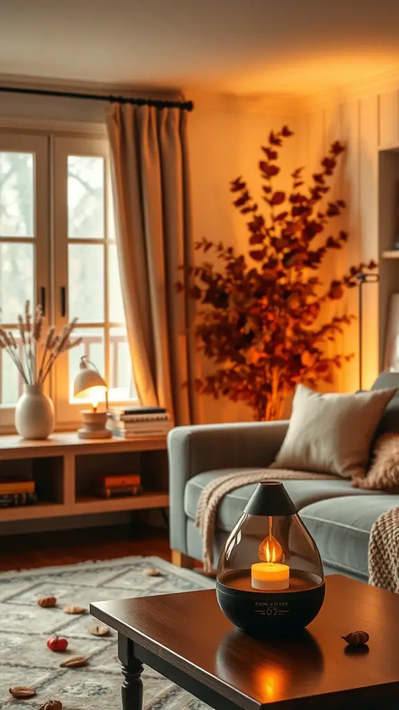33+ Cozy Fall Bedroom Decor Ideas to Transform Your Space 13 A cozy bedroom with a scented diffuser, warm lighting, and autumn decor.
