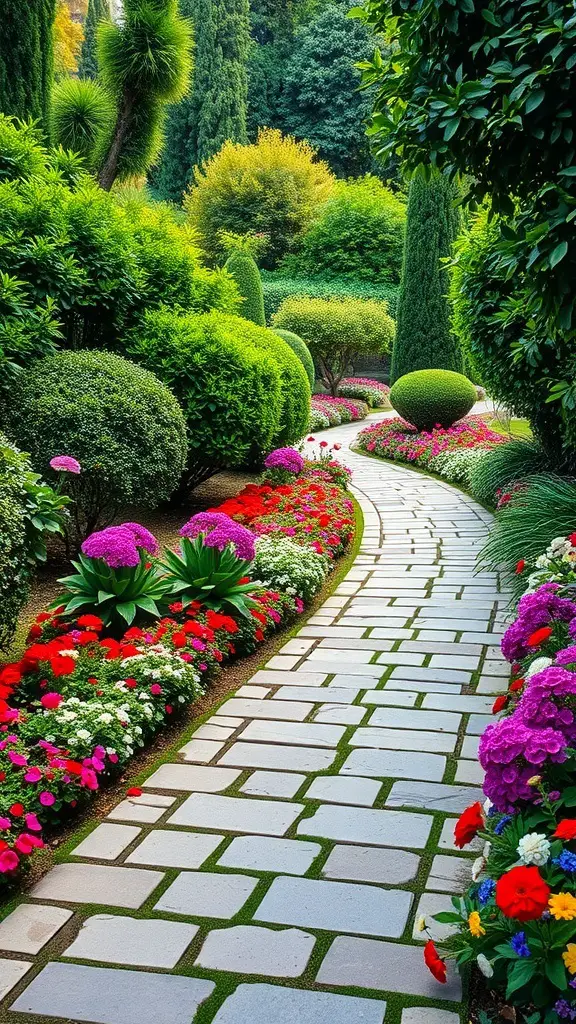 25+ Stunning Italian Garden Ideas for Your Outdoor Space 7 A beautiful stone pathway winding through a vibrant Italian garden filled with colorful flowers and lush greenery.
