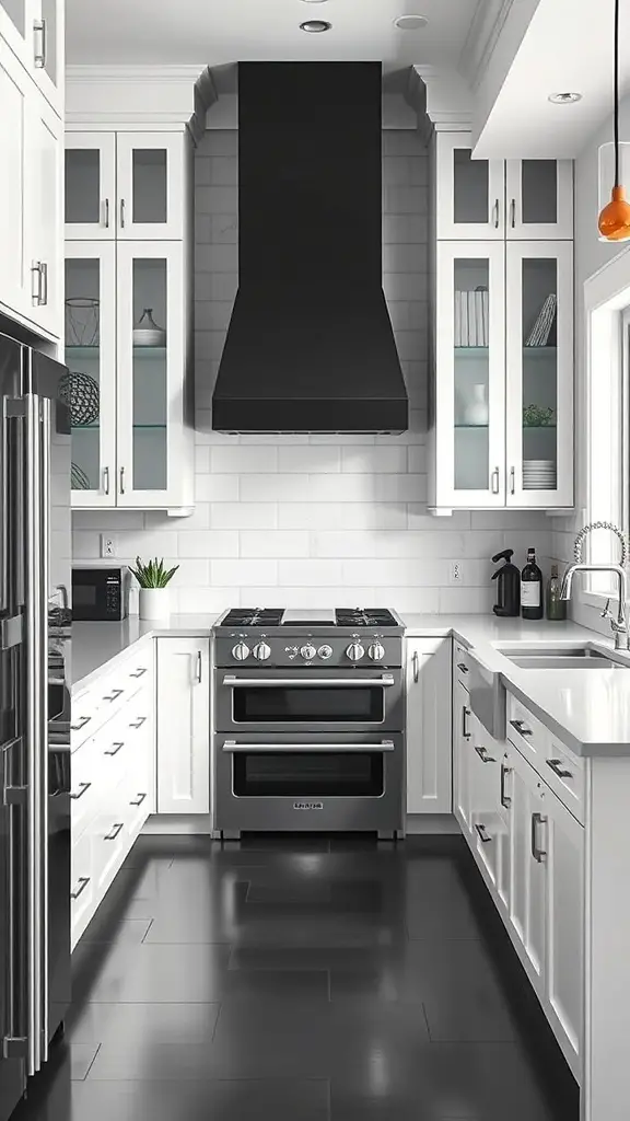 23+ Creative Bloxburg Kitchen Ideas to Transform Your Space 17 A modern black and white kitchen featuring a black hood, white cabinets, and dark flooring.