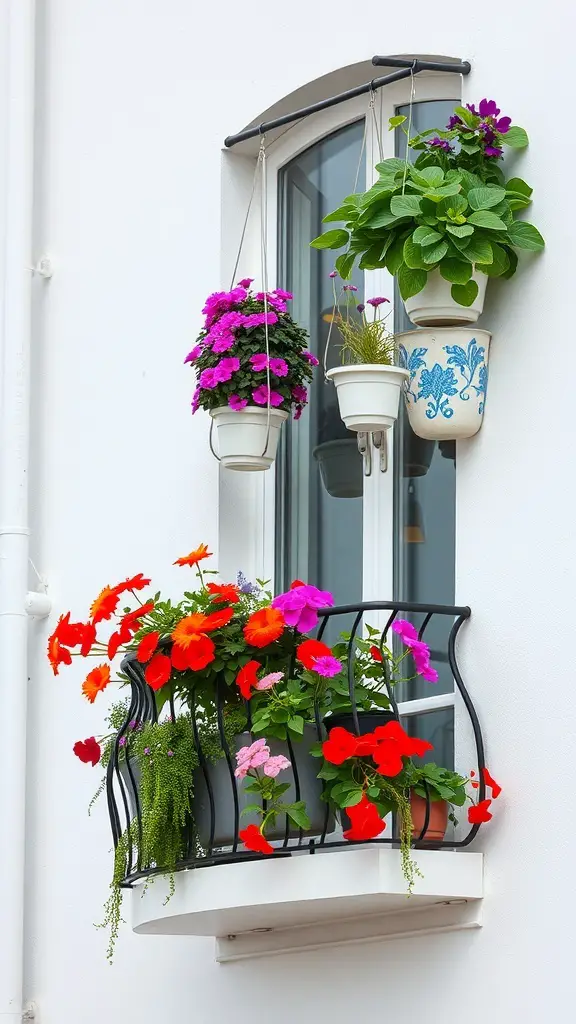 23+ Stylish Apartment Balcony Ideas for Your Outdoor Oasis 9 A balcony with a vertical garden featuring colorful flowers and hanging plants.