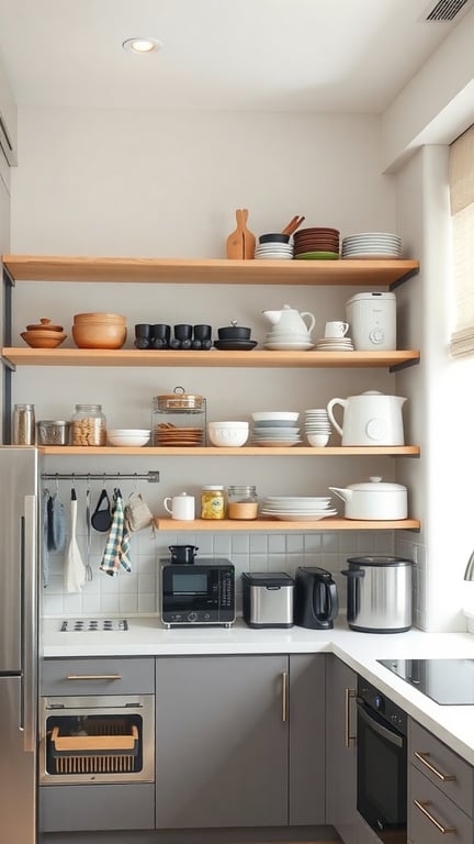 21 Creative Kitchen Appliance Storage Solutions You Need to Try 7 A modern kitchen with open shelving displaying various kitchen appliances and dishware.