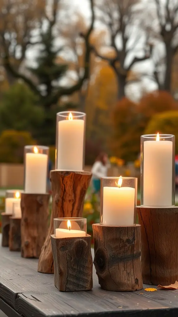 27+ Creative Fall Wood Crafts to Make This Season 13 A collection of wooden candle holders with candles lit, set against a backdrop of fall foliage.