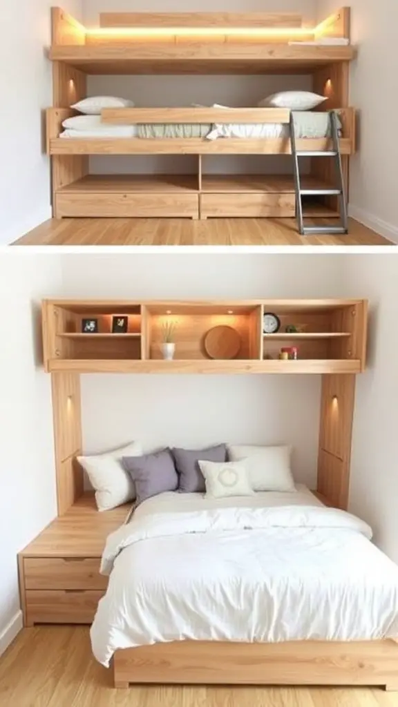 15+ Creative Adult Bunk Bed Ideas for Small Rooms 16 A convertible bunk bed with a lower bed and storage drawers, designed for small spaces.