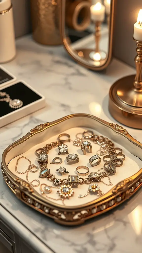 27+ Creative Vanity Organization Ideas You’ll Love 6 A stylish jewelry tray with various pieces of jewelry arranged neatly on a marble surface.