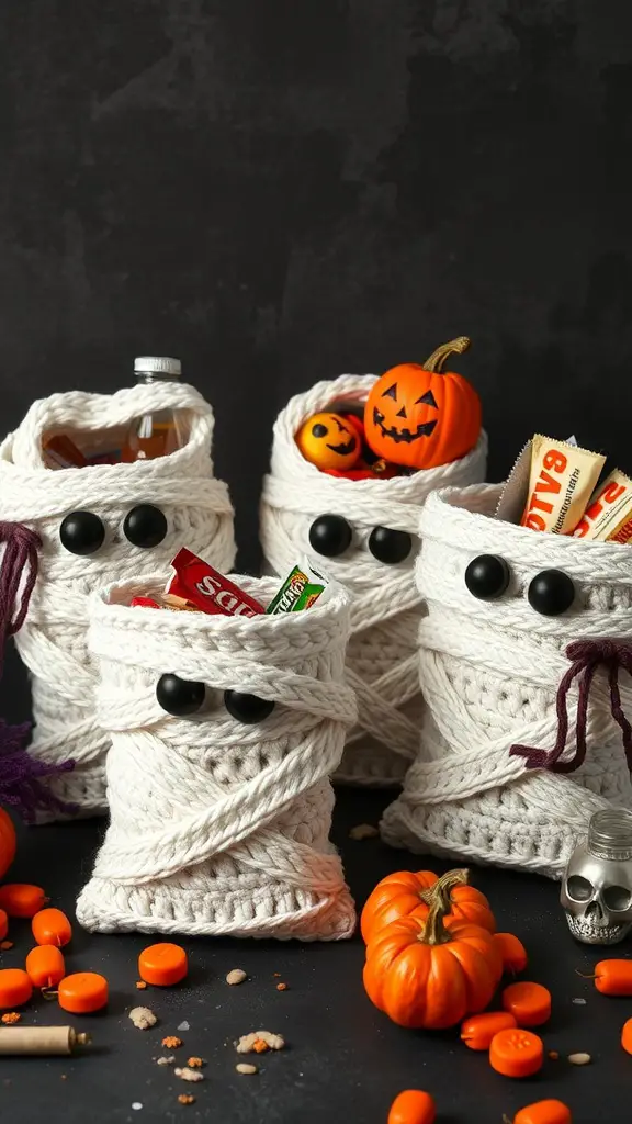 23+ Spooktacular Halloween Crochet Ideas You Need to Try 14 Crochet mummy treat bags filled with candies and small toys, featuring black button eyes and a spooky design.