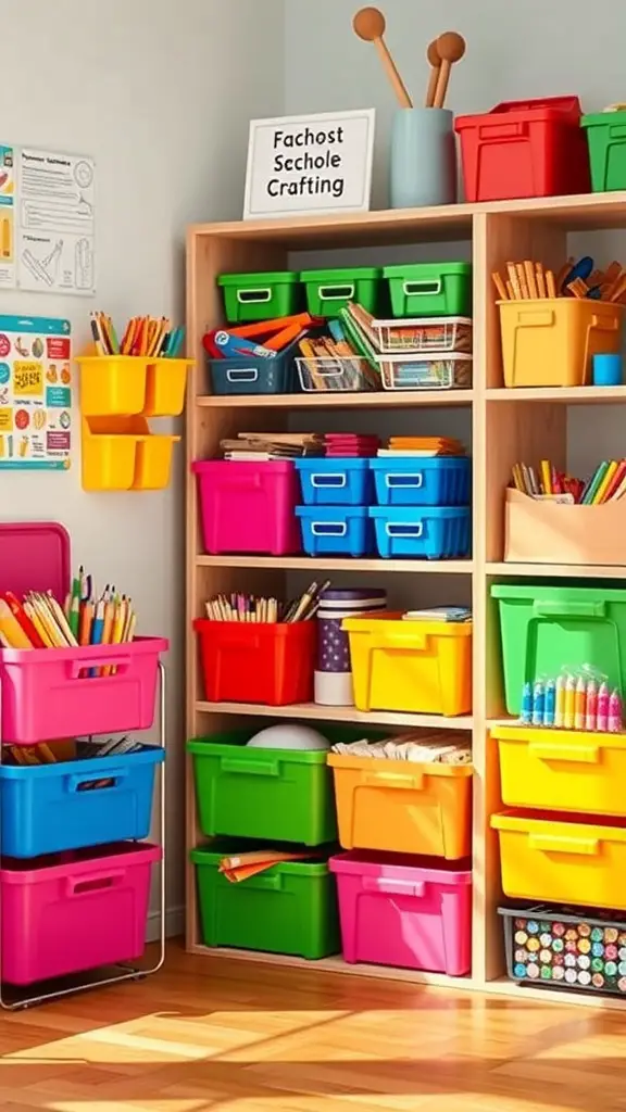 23+ Cozy Homeschool Room Ideas for a Perfect Learning Space 17 Colorful organization bins filled with school supplies in a cozy homeschool room.