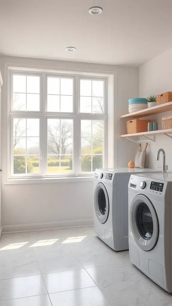 Bright and airy laundry room with large windows and modern appliances