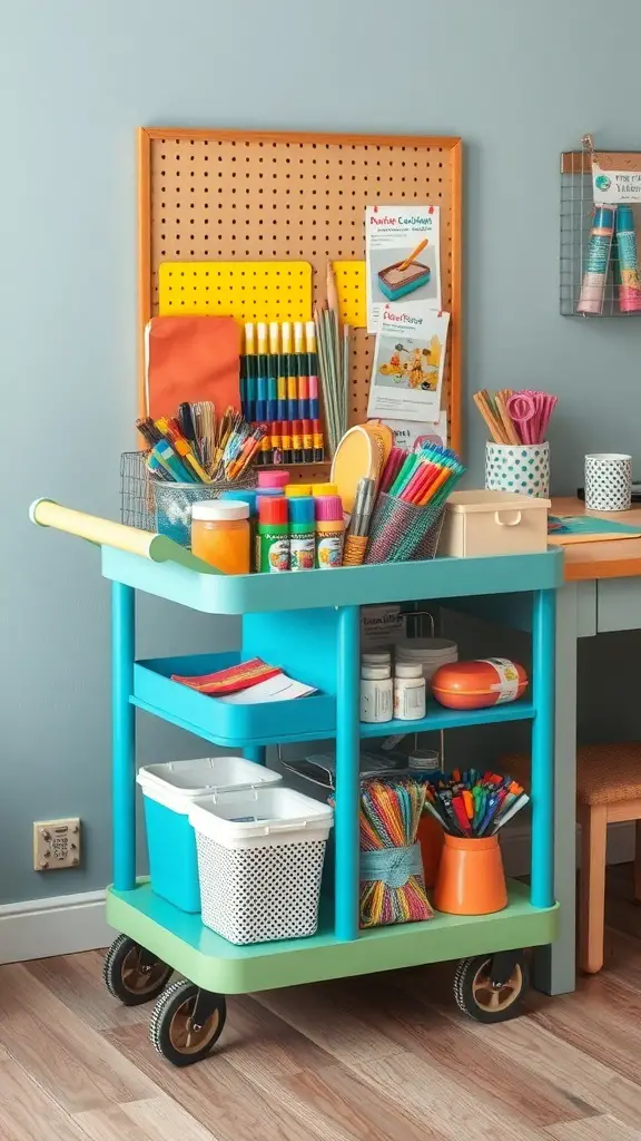 25 Creative Craft Organization Ideas You’ll Love 10 Colorful craft trolley filled with various art supplies and materials