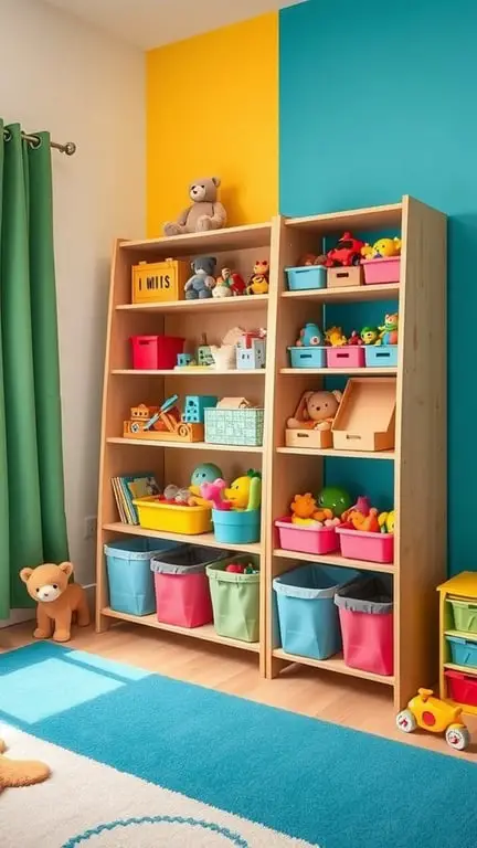 33+ Creative Nursery Organization Ideas for a Clutter-Free Space 6 A colorful nursery with organized toy storage, featuring shelves filled with bins and plush toys.