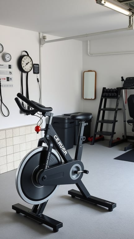 19 Home Gym Ideas for Small Garages: Maximize Your Space with These Creative Solutions 9 A stationary bike in a small garage gym with fitness tools and a clock on the wall.