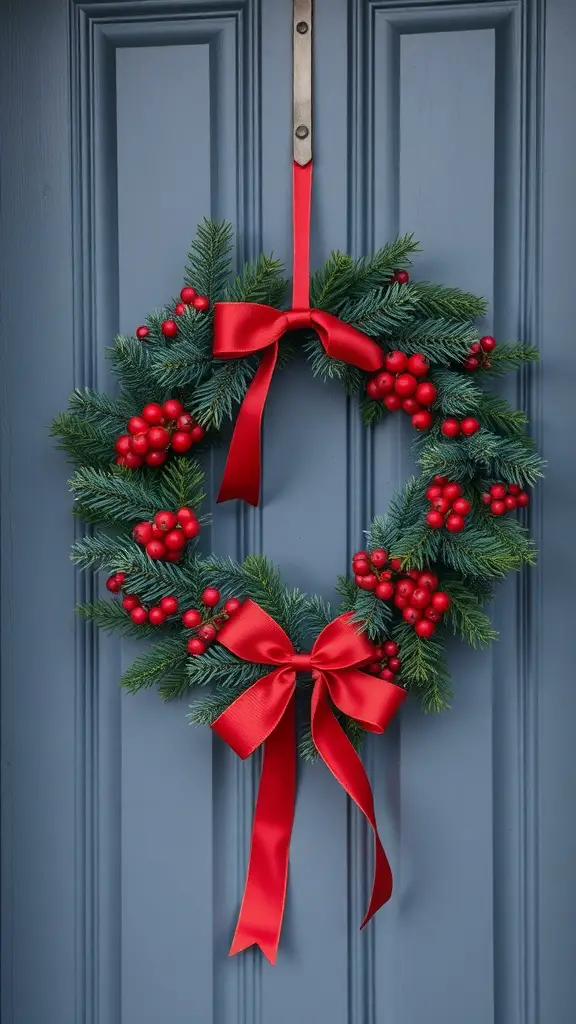 23+ Creative Christmas Crafts for Adults to Try This Holiday Season 7 A festive wreath with red berries and a red bow hanging on a blue door.