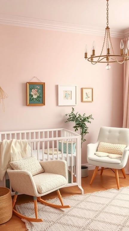 A nursery with blush pink walls, a white crib, a rocking chair, and decorative artwork.