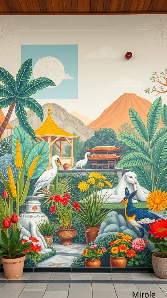 23+ Stunning Garden Mural Ideas to Transform Your Outdoor Space 15 A vibrant garden mural featuring tropical plants, flowers, and serene animals.