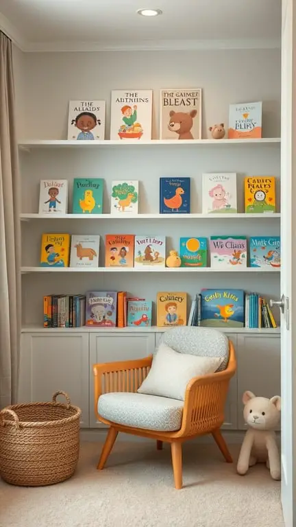 33+ Creative Nursery Organization Ideas for a Clutter-Free Space 5 A cozy reading nook for children featuring colorful books on shelves, a comfortable chair, and a playful stuffed animal.