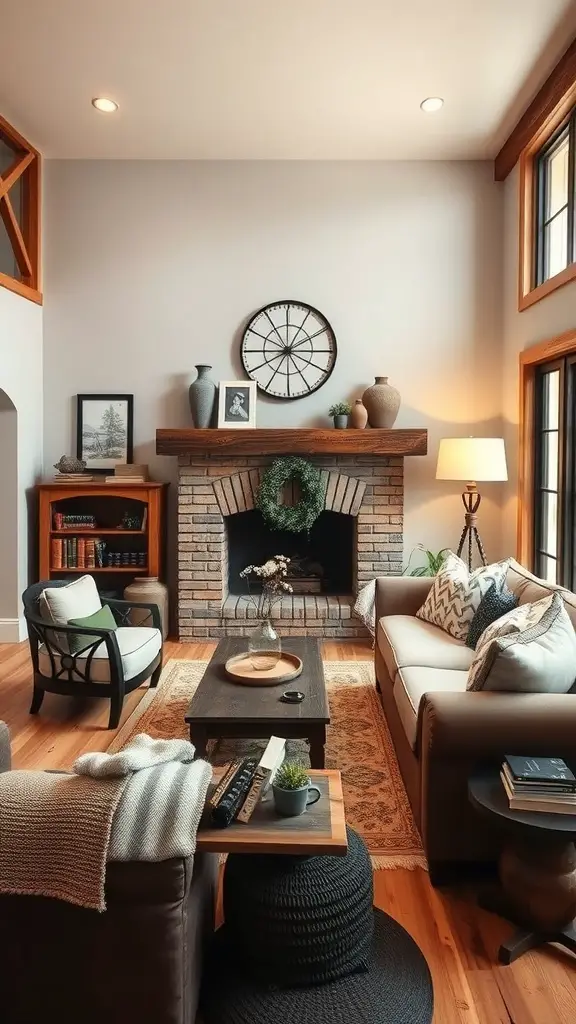 Cozy living room with rustic wood accents, a brick fireplace, and festive decor.