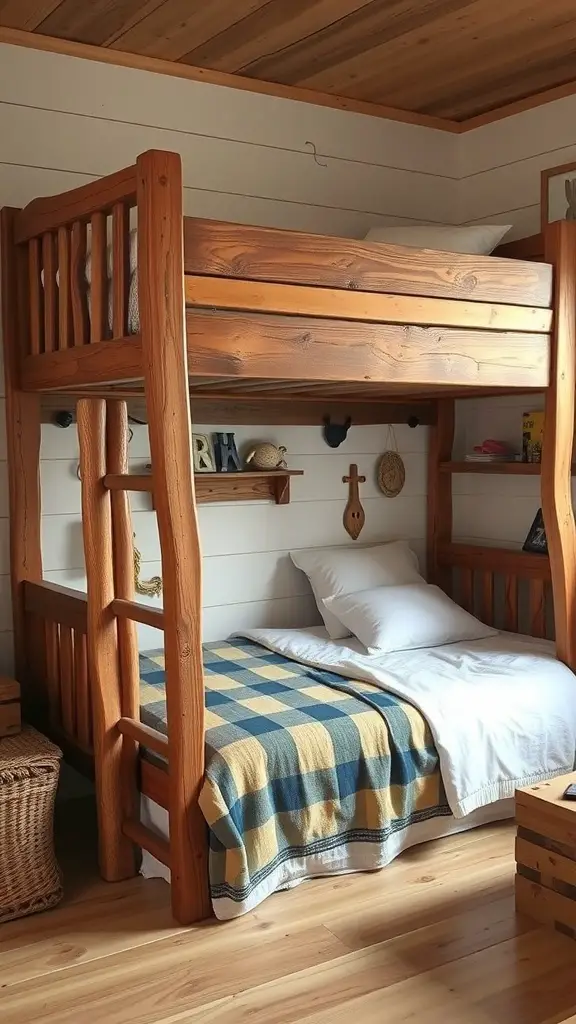 15+ Creative Adult Bunk Bed Ideas for Small Rooms 9 A rustic wooden bunk bed with a lower bed and a ladder, set in a cozy room.