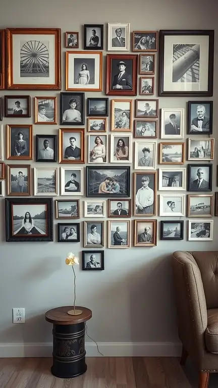 15 Creative Ways to Store and Display Old Photos 6 A wall collage of framed black and white photos arranged in various styles and sizes.