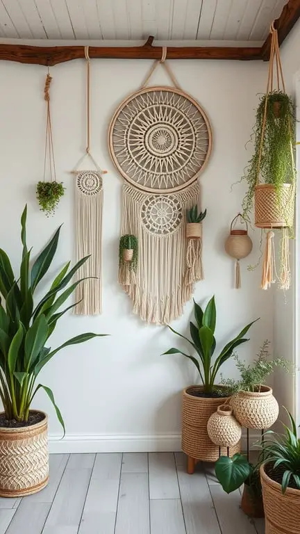 21 Stunning Boho Farmhouse Decor Ideas for a Cozy Home 8 A cozy interior featuring macrame wall hangings and green plants in woven pots.