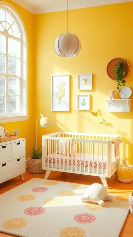 A bright yellow nursery with a crib, colorful rug, and cheerful decor.