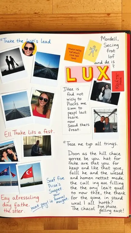 15 Creative Ways to Store and Display Old Photos 8 A colorful scrapbook page filled with photos and handwritten notes, showcasing memories from various events.