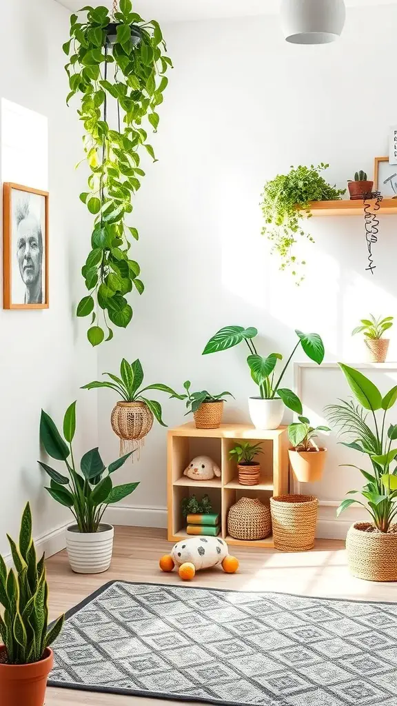 21+ Creative Kids Room Interior Design Ideas for Every Style 10 Bright kids room with various indoor plants and a cozy rug.
