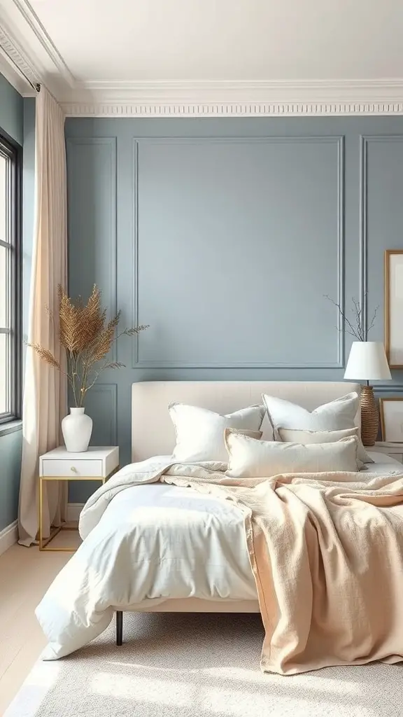 23+ Stunning Dusty Blue Bedroom Ideas to Transform Your Space 8 A cozy bedroom featuring dusty blue walls, neutral bedding, and natural decor elements.