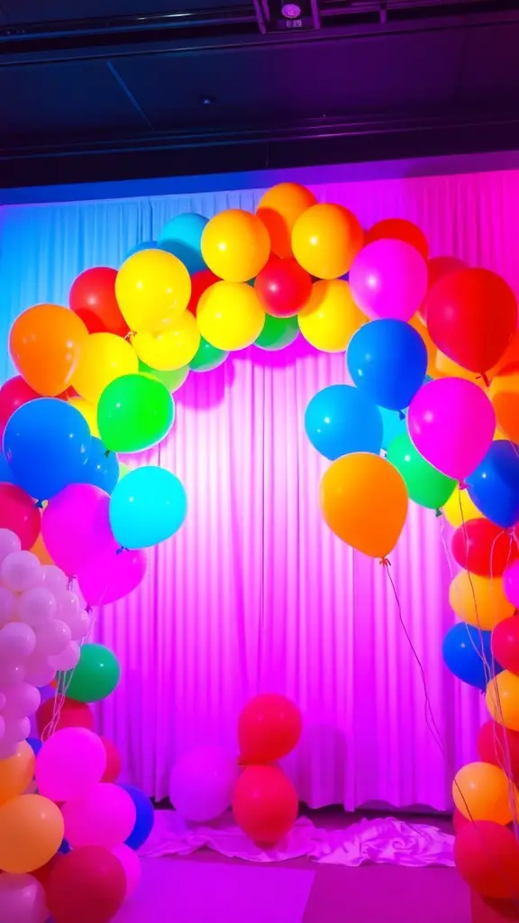 19+ Creative Balloon Decoration Ideas for Your Next Party 12 A colorful rainbow balloon arch with various bright balloons.
